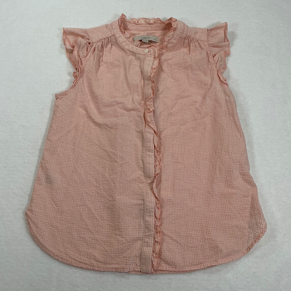 LOFT Petites Pink Gingham Seersucker Ruffle Sleeveless Button Down Top XSP 1646